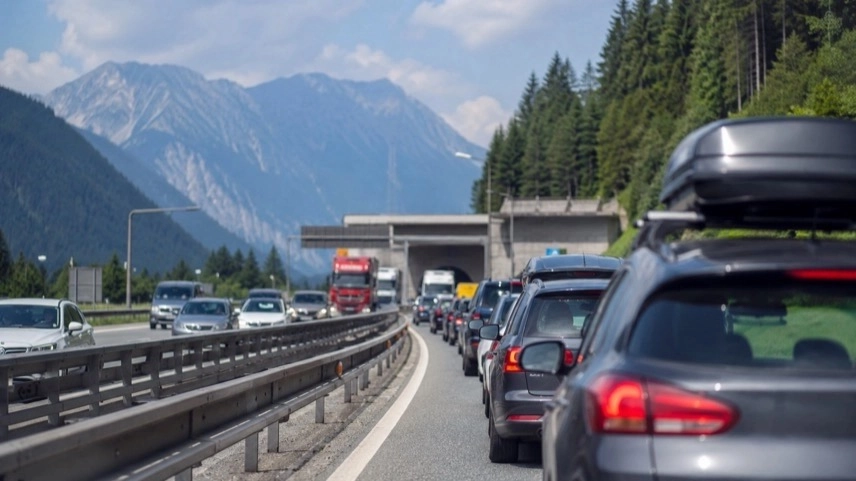 Stau auf der Brennerautobahn in den Alpen mit gesperrter Transitroute und dichtem Reiseverkehr Richtung Italien
