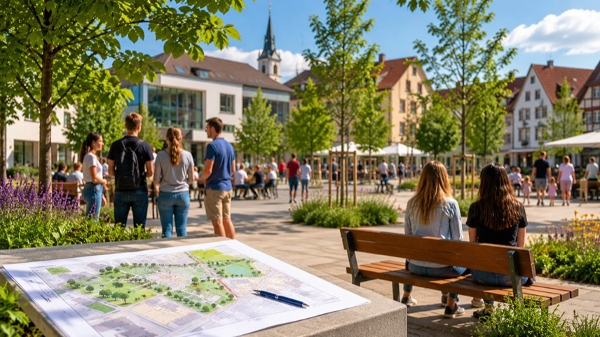 Menschen auf einer begrünten Innenstadtfläche mit Sitzbänken und Informationstafel zur Stadtentwicklung
