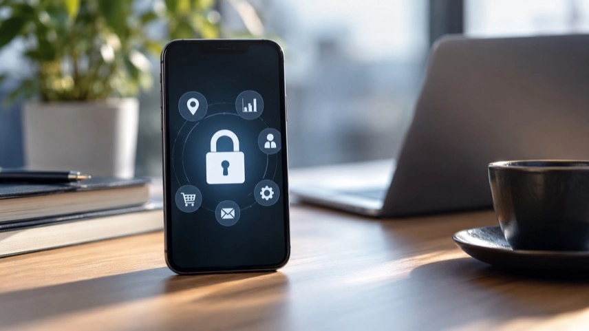 Smartphone und Laptop mit abstrakten Elementen zu App Tracking, Datenschutz und digitaler Werbung auf einem Schreibtisch