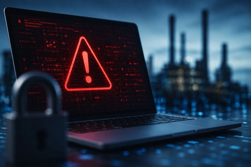 Server-Racks mit blauem Warnlicht und abstrakter Netzwerkanzeige als Motiv für Cyberangriffe und KI-Infrastruktur