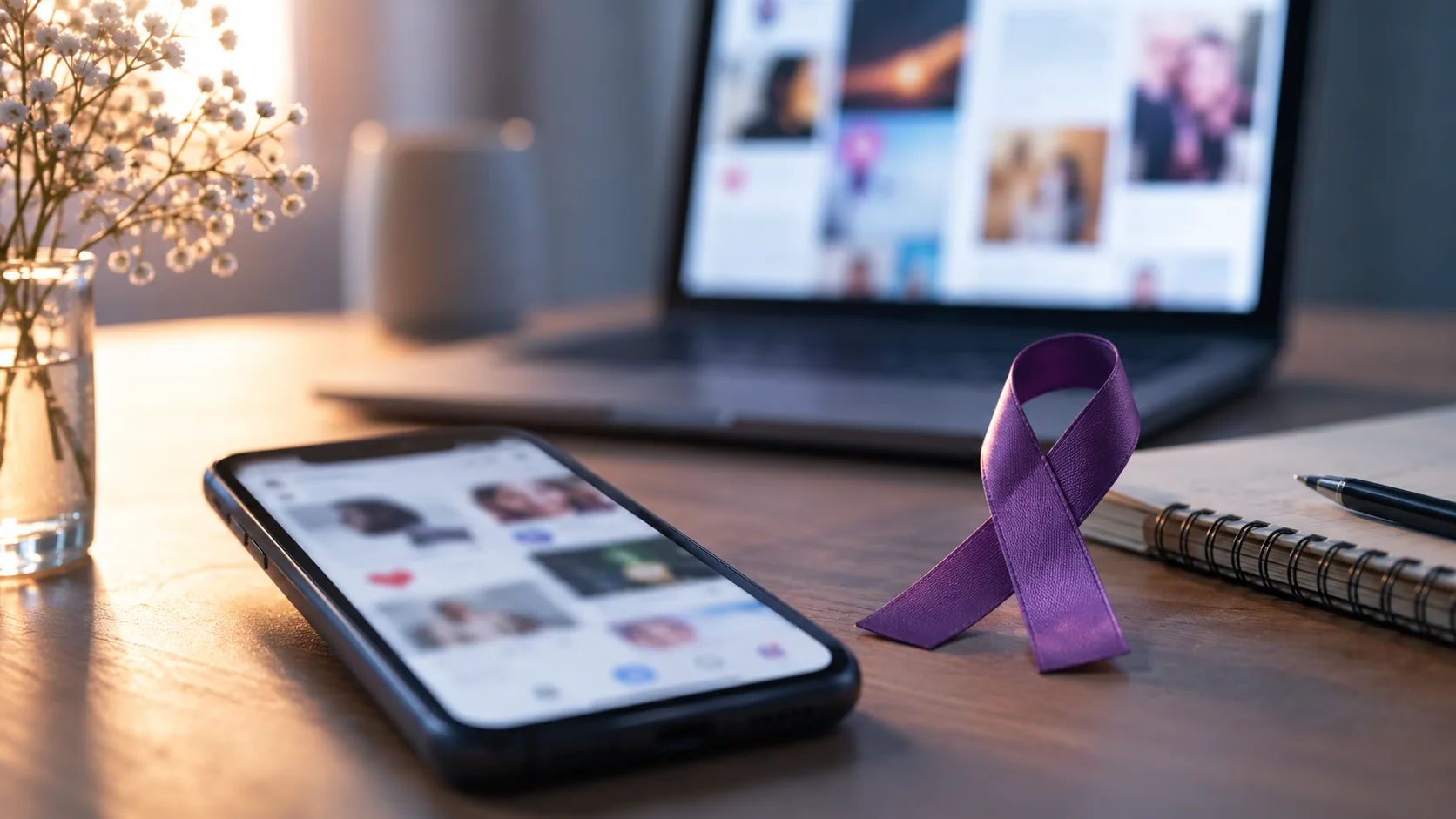 Smartphone und Bildschirm mit neutraler Social-Media-Darstellung zum Thema ALS und digitale Kommunikation.