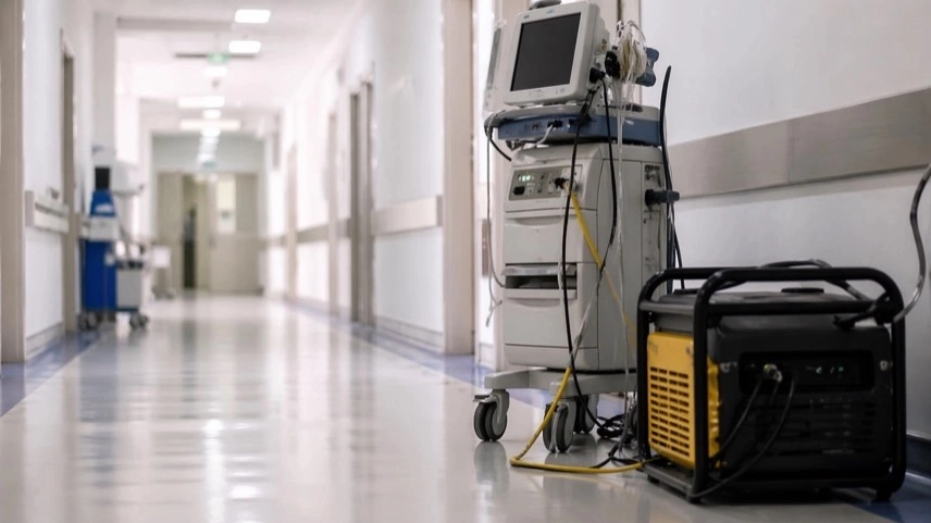 Krankenhausflur mit Notbeleuchtung und angeschlossenen Geräten im Notstrombetrieb während Stromarbeiten in einer Klinik