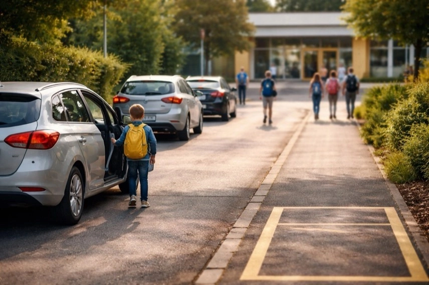 Autos und Kinder vor Grundschule, Elterntaxis und Elternhaltestelle im morgendlichen Schulverkehr