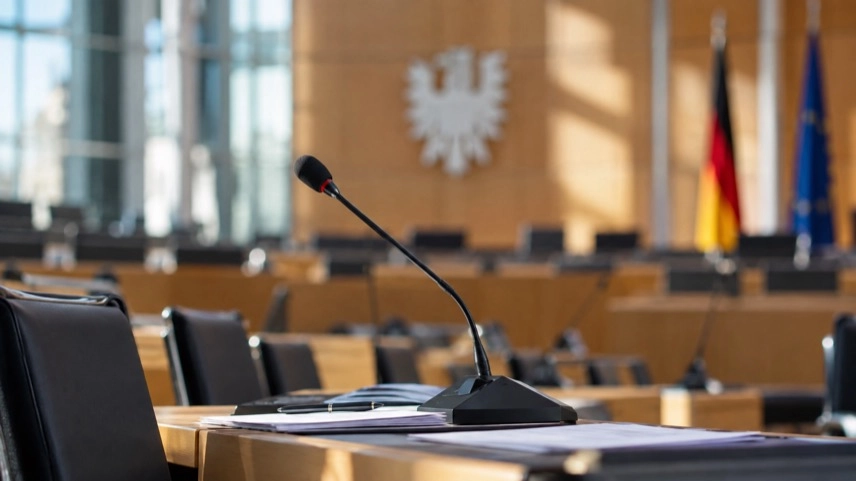 Leere Abgeordnetenplätze in einem neutralen Plenarsaal als Motiv zur Neuordnung des BSW Thüringen.