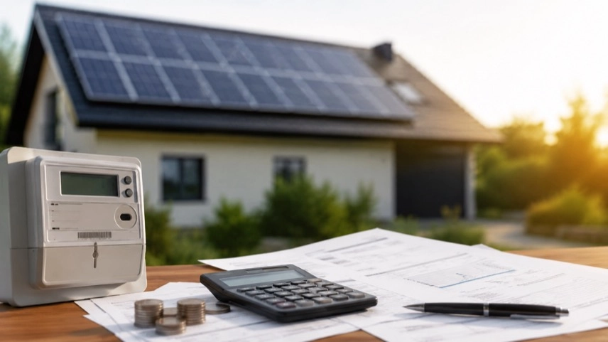 Solaranlage auf Hausdach mit Stromzähler und Unterlagen zu Netzentgelten und Stromkosten