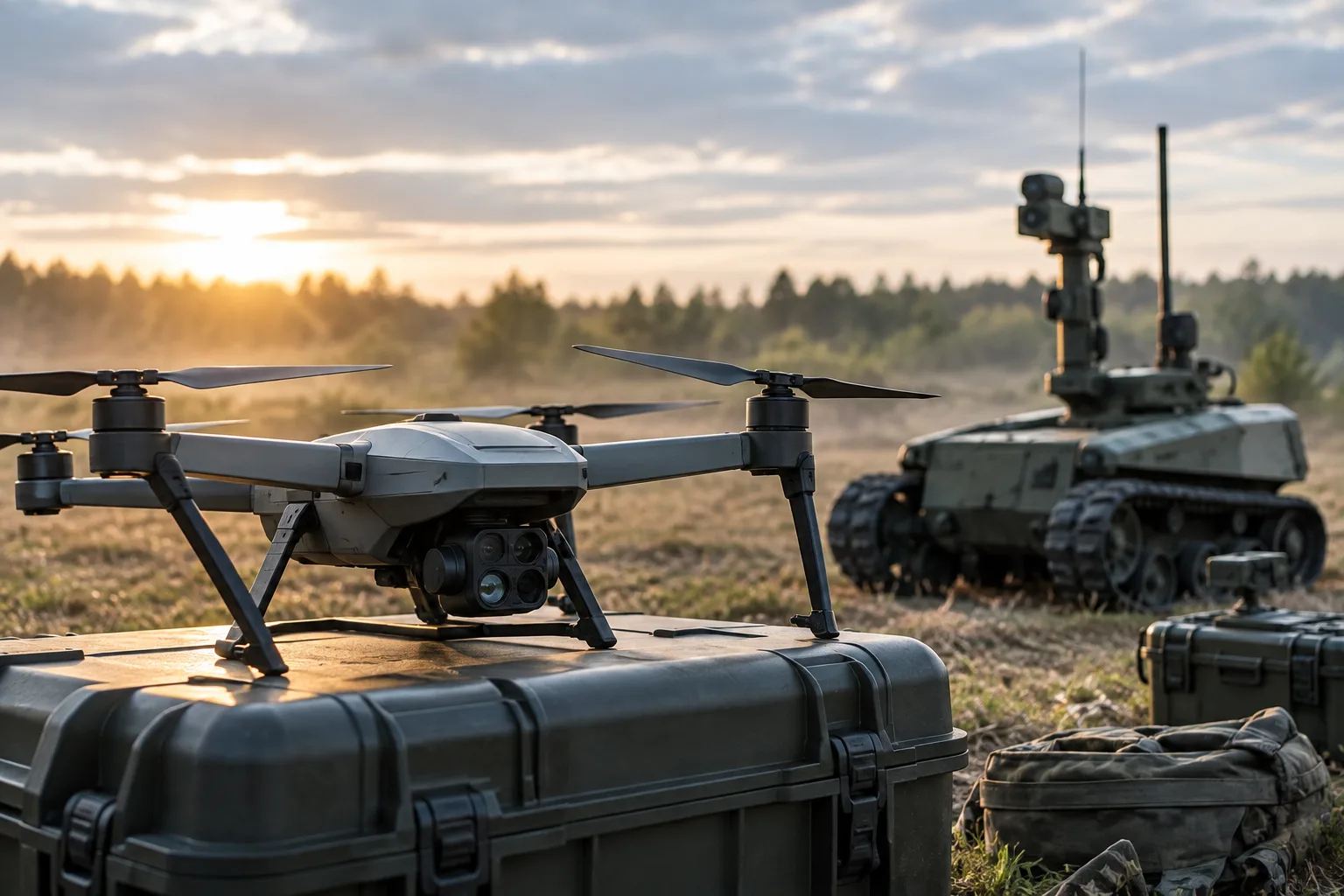 Militärische Drohne und unbemanntes Bodenfahrzeug auf einem neutralen Übungsgelände der Bundeswehr.
