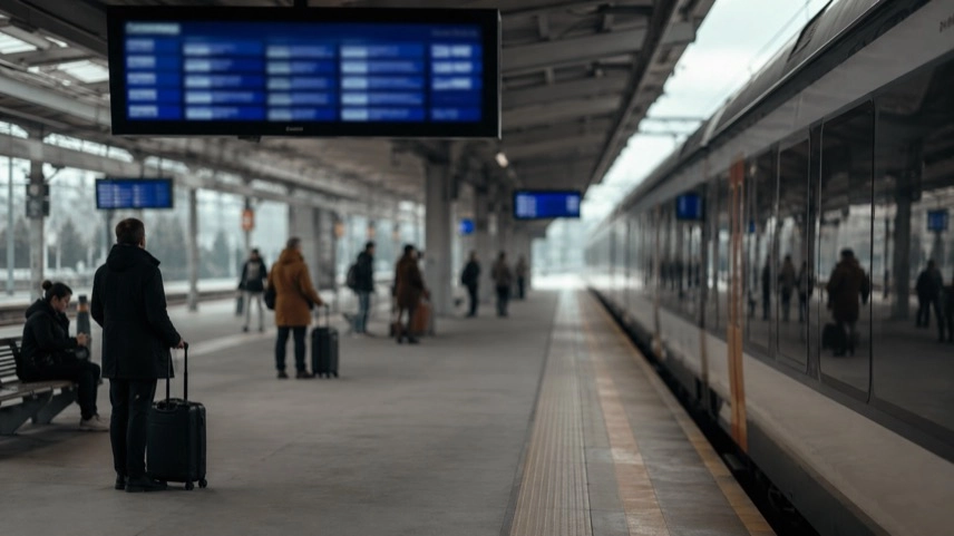 Wartende Reisende an einem Bahnhof mit Anzeigetafel zu Verspätungen im Bahnverkehr