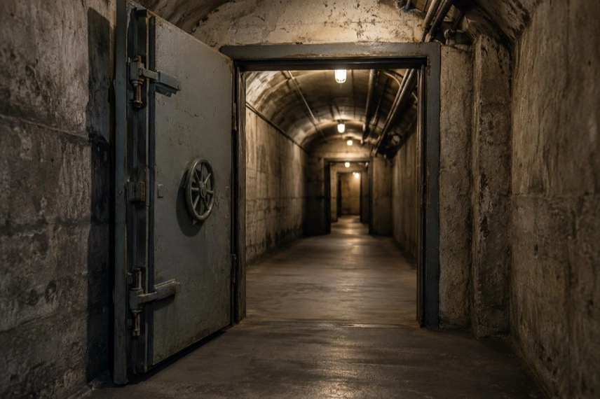 Historischer Bunker mit Betonwänden und Stahltür als Motiv für die Schutzräume am Hauptbahnhof Karlsruhe