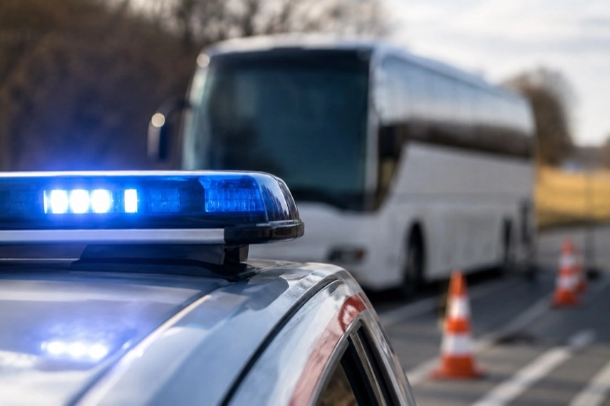 Neutrales Rettungsfahrzeug vor unspezifischer Verkehrsumgebung ohne sichtbare Unfallstelle oder Personen.