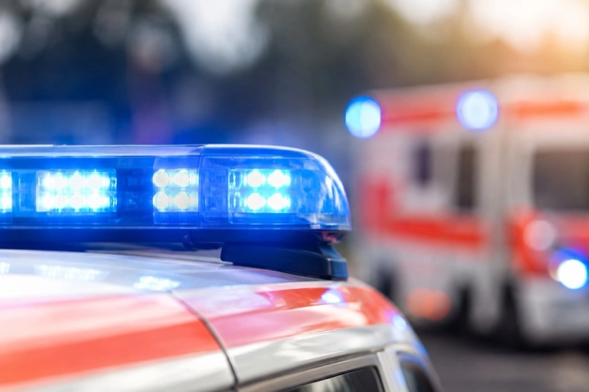 Rettungsfahrzeug auf neutraler Straße mit einem Stadtbus ohne erkennbare Logos im Hintergrund.