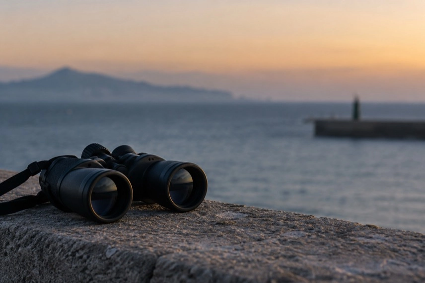 Neutraler Grenzzaun vor einer Küstenlandschaft als Motiv zu Migration und Grenzübertritten nach Ceuta.