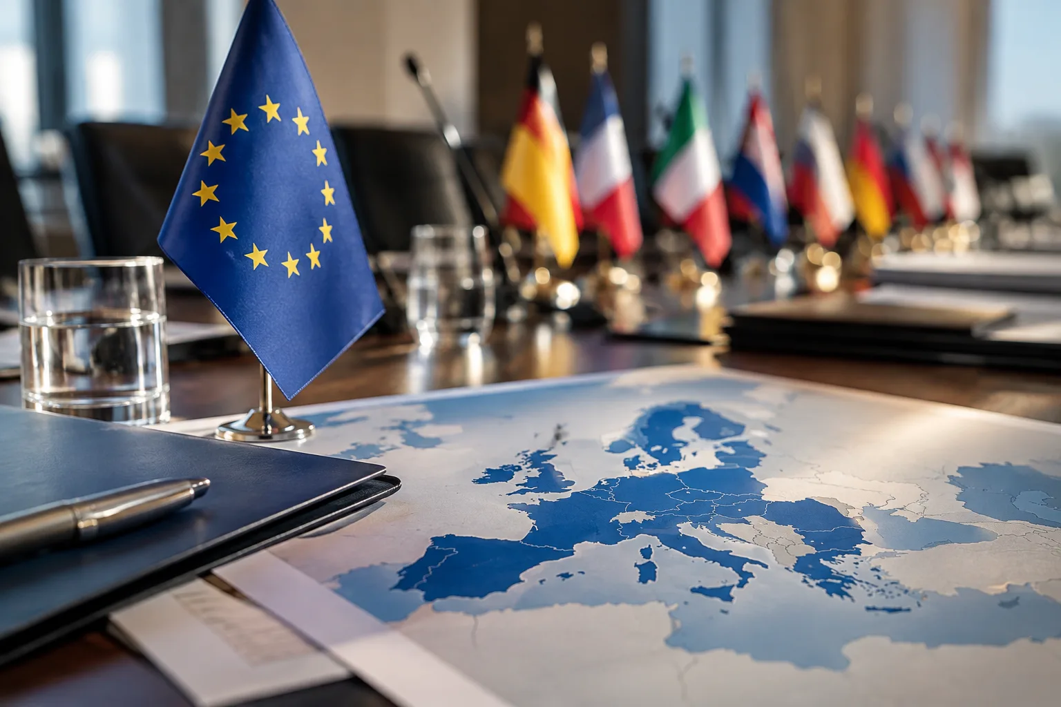 Konferenztisch mit EU-Flaggen und Europakarte als Motiv zu EU-Innenministern, Migration und Außengrenzen.