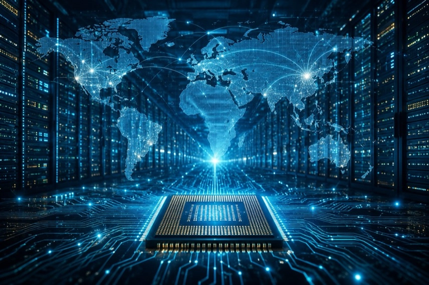 Modernes Rechenzentrum mit Serverracks, einem stilisierten KI-Chip und einer abstrahierten digitalen Weltkarte im Hintergrund.