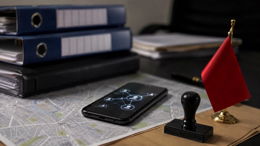 Aktenordner, Stadtplan und Smartphone als Symbol für chinesische Polizeistationen in Europa
