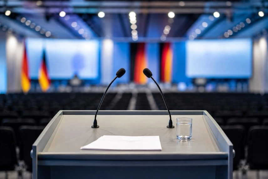 Ein Rednerpult mit Mikrofonen in einem modernen Konferenzsaal, im Hintergrund unscharfe Sitzreihen und Deutschlandflaggen.