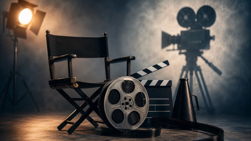 Filmklappe, Filmrolle und Regiestuhl als Symbol für Filmregie und das Werk des Regisseurs Chuck Russell.