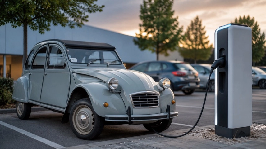Klassischer Kleinwagen neben Ladesäule auf Parkplatz als Symbol für Citroën 2CV und moderne Elektromobilität
