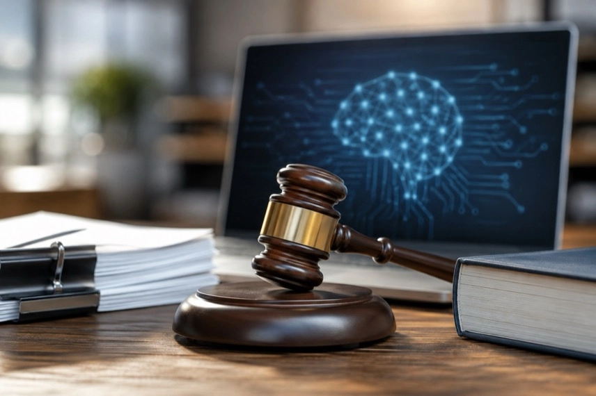 Laptop mit abstrakten KI-Inhalten und Dokumenten mit Copyright-Symbol zu generativer KI und Urheberrecht