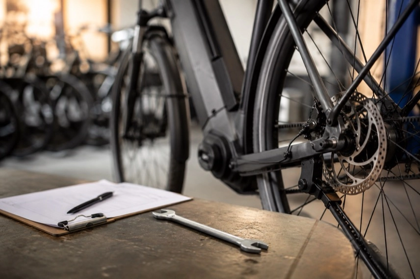 E-Bike und ausgebauter Fahrradrahmen auf einer Werkbank für einen Rahmentausch
