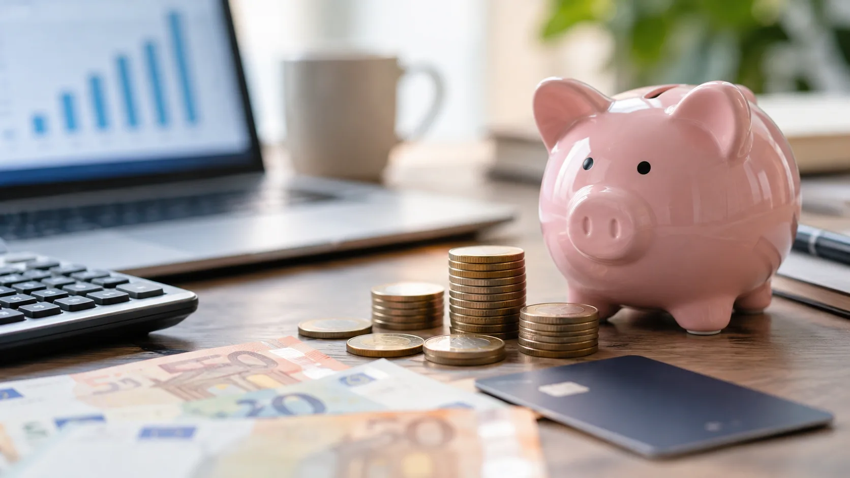 Sparschwein mit Euro-Münzen, Geldscheinen, Bankkarte und Laptop auf einem Schreibtisch.