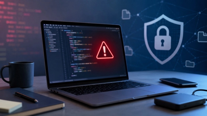 Laptop mit stilisierten Codezeilen, Sicherheitssymbol und abstrakten Software-Elementen zum Thema Cursor Sicherheitslücke und IT-Sicherheit.