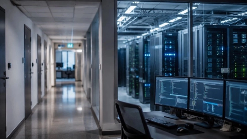 Serverraum und Verwaltungsflur mit Monitoren zur Darstellung eines Cyberangriffs auf die Stadt Stuttgart durch Rhysida