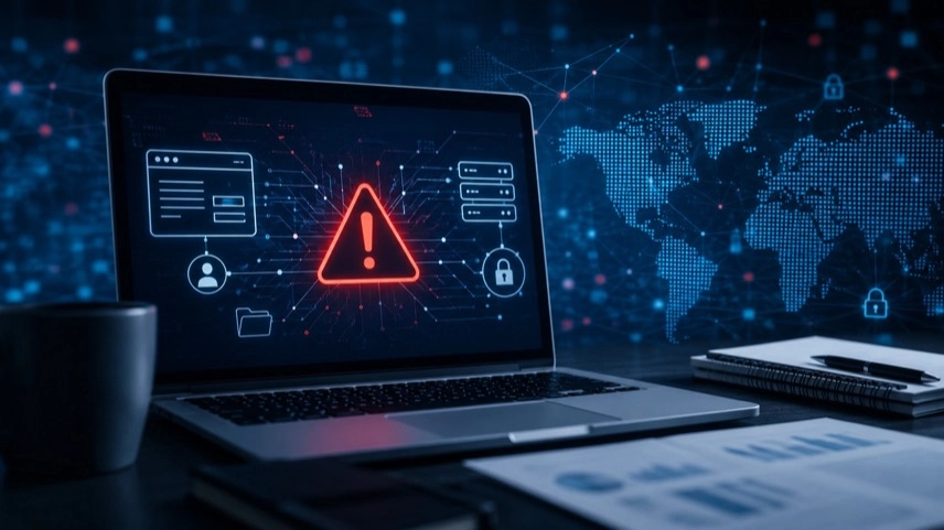Abstrakter Laptop mit Warnsymbol und Netzwerksymbolen als Darstellung von Cyberangriffen auf WordPress- und Joomla-Websites.