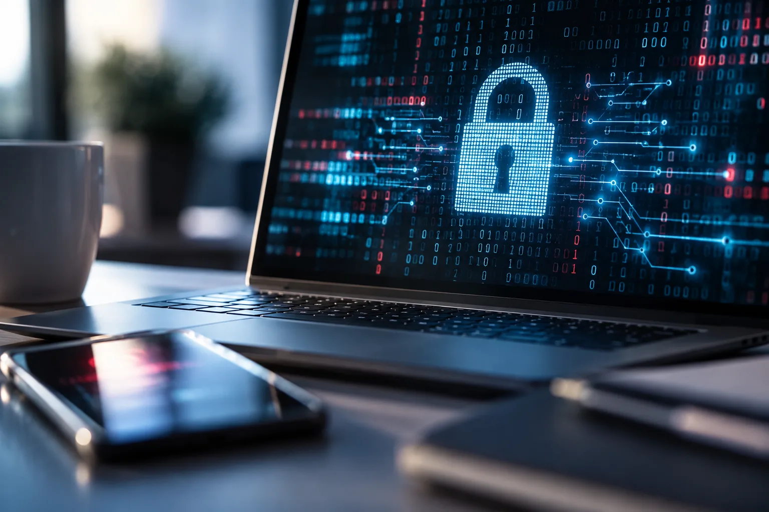 Laptop und Smartphone mit abstrakter Datendarstellung als Motiv für Cyberangriff und mögliche betroffene Kundendaten.
