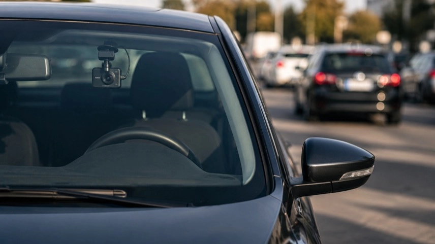 Dashcam hinter Windschutzscheibe eines Autos auf Parkplatz, Symbol für Beweissicherung und Datenschutz im Straßenverkehr