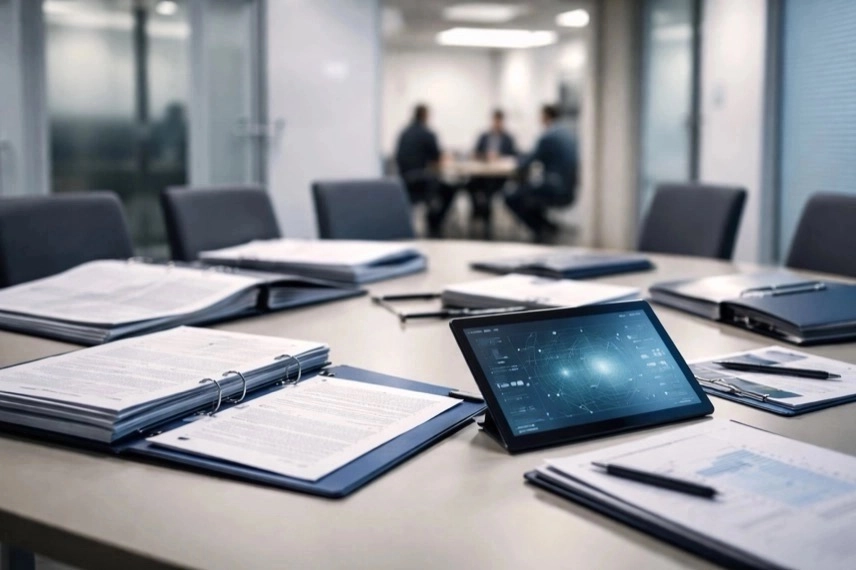 Akten und Tablets auf Tisch symbolisieren Datenaustausch zwischen Behörden bei psychisch erkrankten Risikopersonen