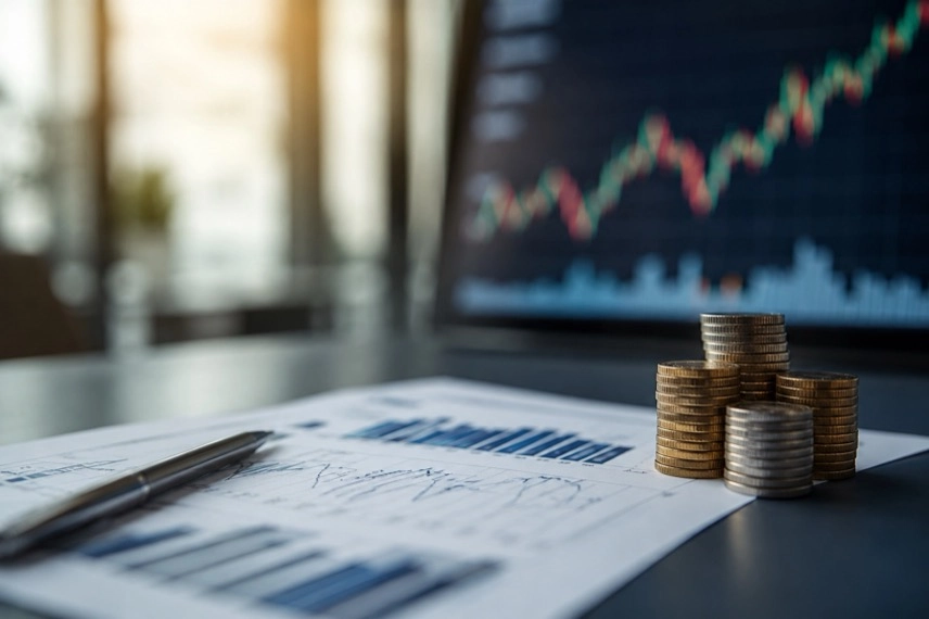 Bildschirme mit Börsenkursen und Finanzdaten zu DAX, Aktienmärkten, Inflation und Zinsen an einem Arbeitsplatz.