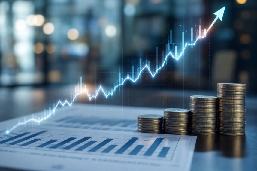 Abstrakte Börsencharts auf Monitoren mit Finanzunterlagen als Symbol für DAX, Aktienmarkt und Börsenentwicklung.