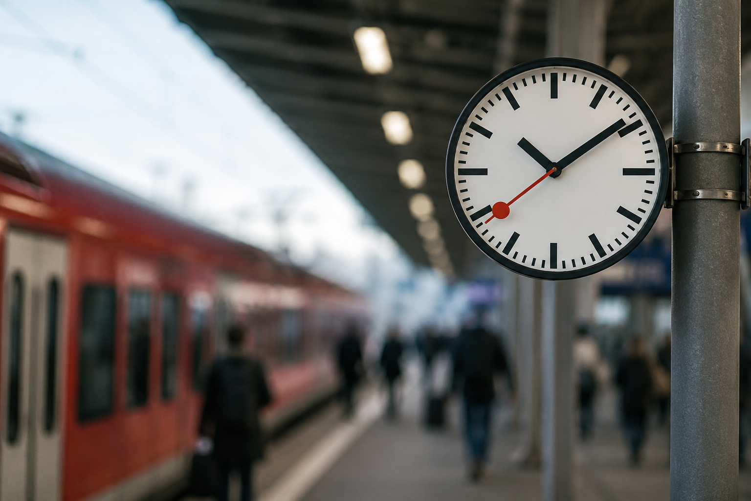 Neutraler Fernverkehrszug an einem Bahnsteig mit Bahnhofsuhr als Motiv für Verspätungen und Bahn-Pünktlichkeit
