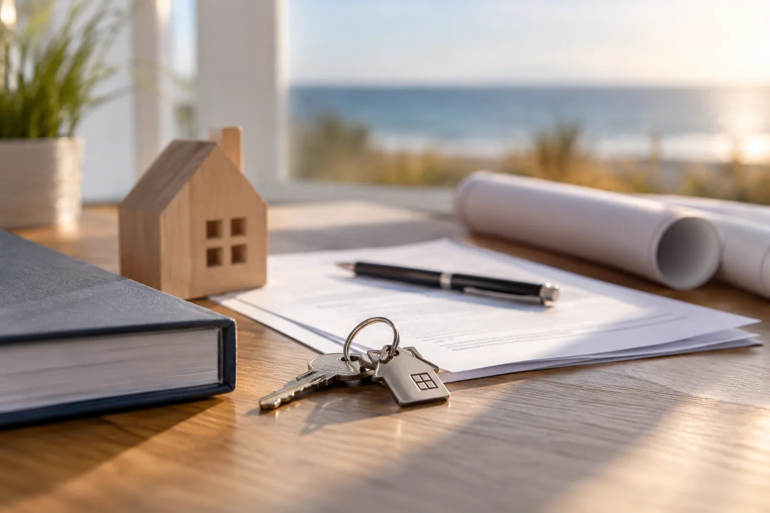 Immobilienunterlagen und Schlüsselbund auf einem Holztisch als Motiv für den Verkauf einer Ferienanlage.