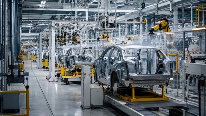 Leere Produktionshalle der deutschen Autoindustrie mit Fertigungsanlagen und Robotersystemen für Elektromobilität