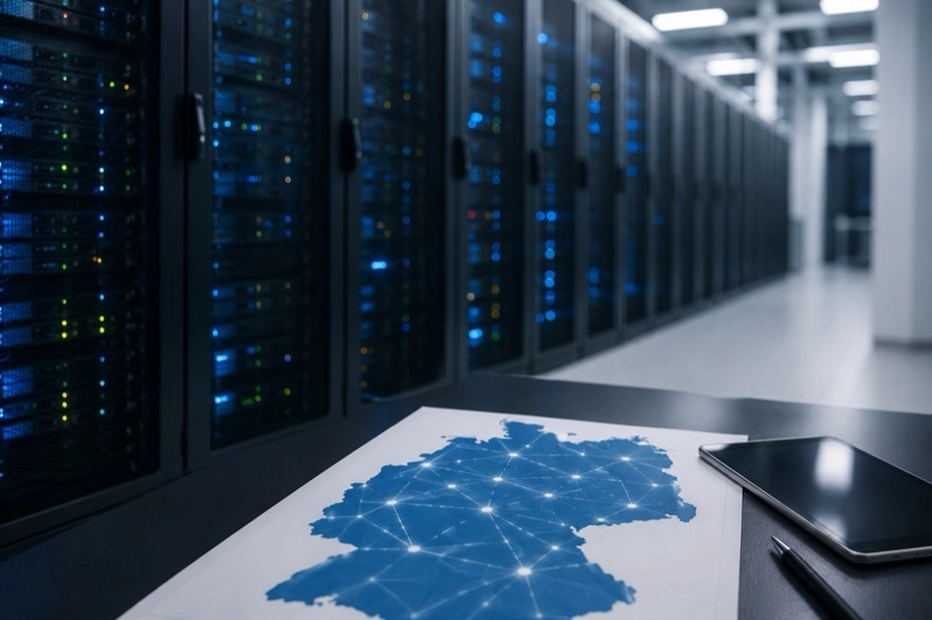 Serverreihen in einem modernen Rechenzentrum als Infrastruktur für KI und Hochleistungsrechnen