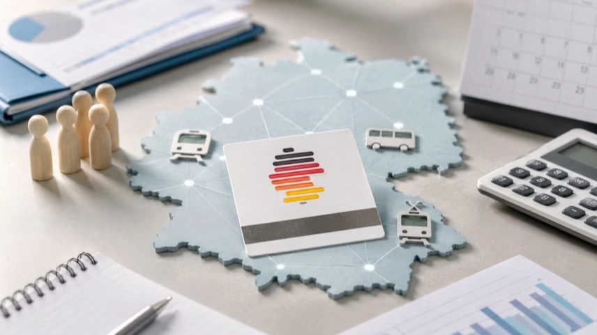 Anonym gestaltete Fahrkarte auf Redaktionstisch mit Deutschlandkarte und Dokumenten als Symbol für das Deutschlandticket und Nahverkehr.
