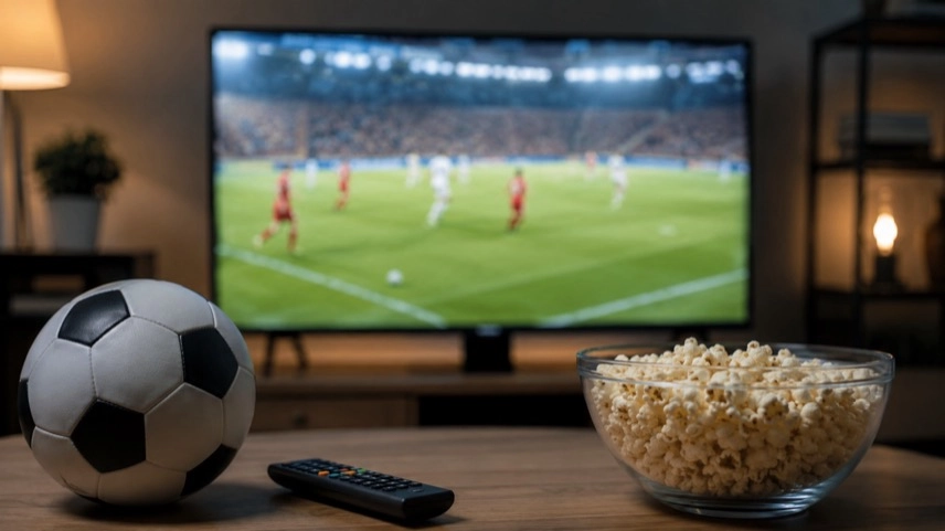 Fußball und Fernbedienung vor einem Fernseher mit generischer Stadionkulisse zur DFB-Pokal-Übertragung.