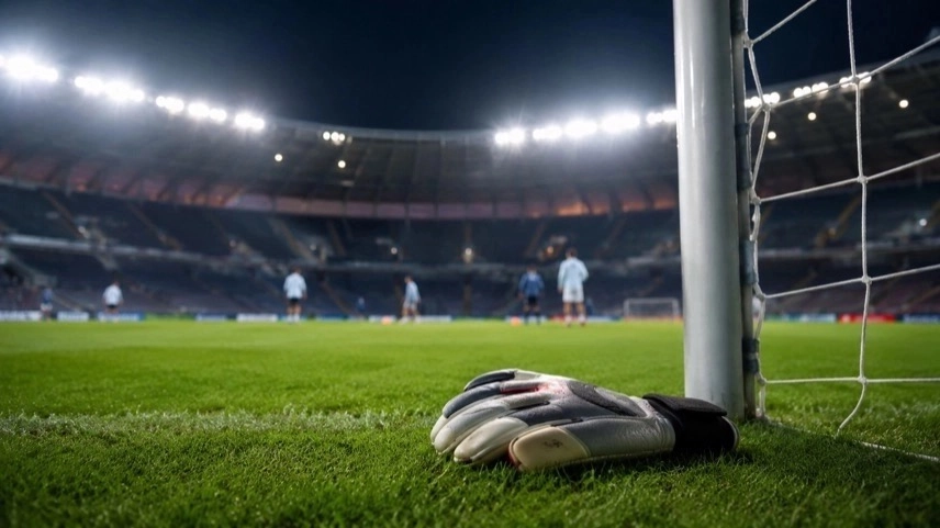 Fußballtor in einem Flutlichtstadion mit Torwarthandschuhen auf dem Rasen vor der WM 2026 im DFB-Team