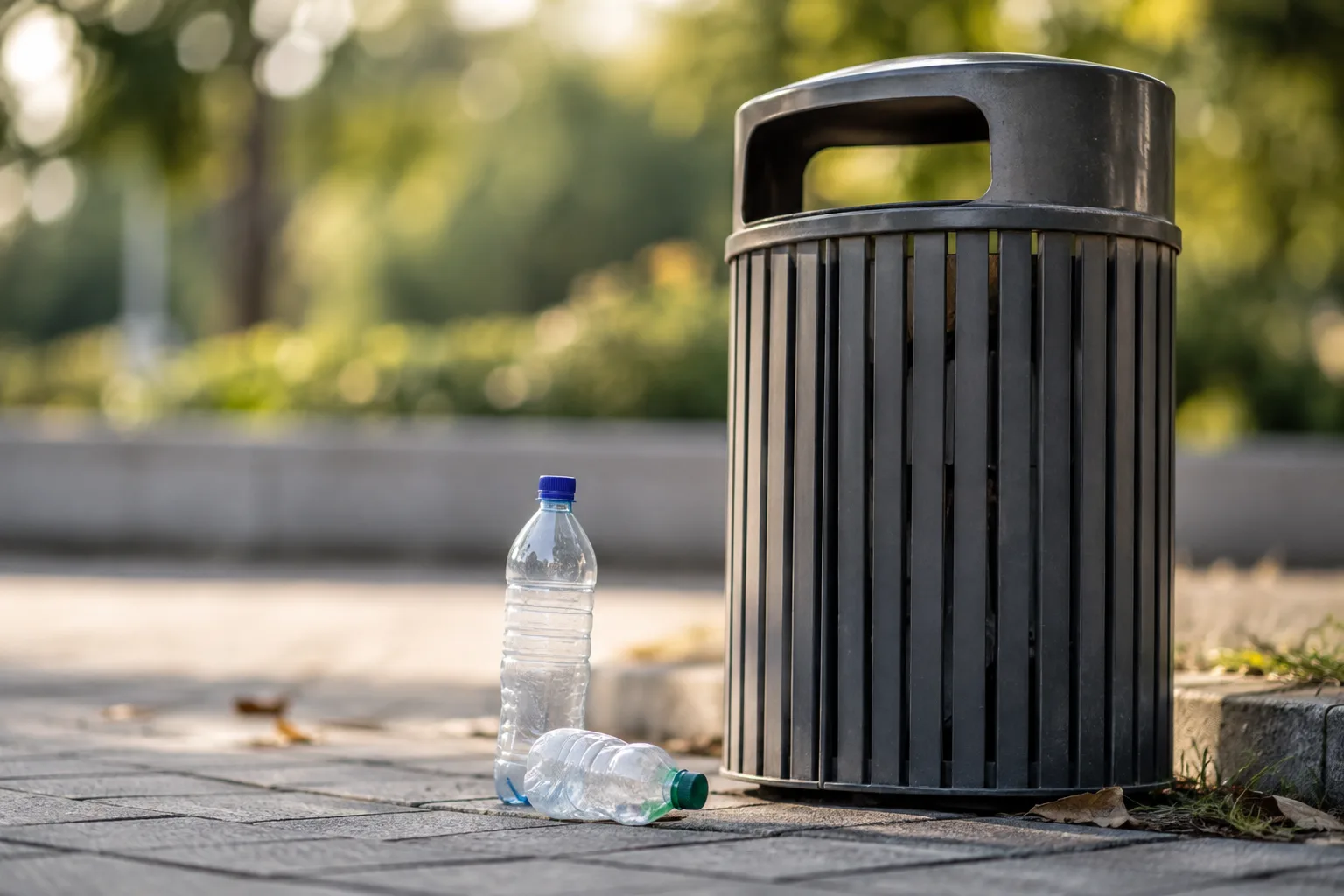Öffentlicher Abfallbehälter mit zwei leeren Plastikflaschen auf gepflasterter Fläche vor grünem Hintergrund