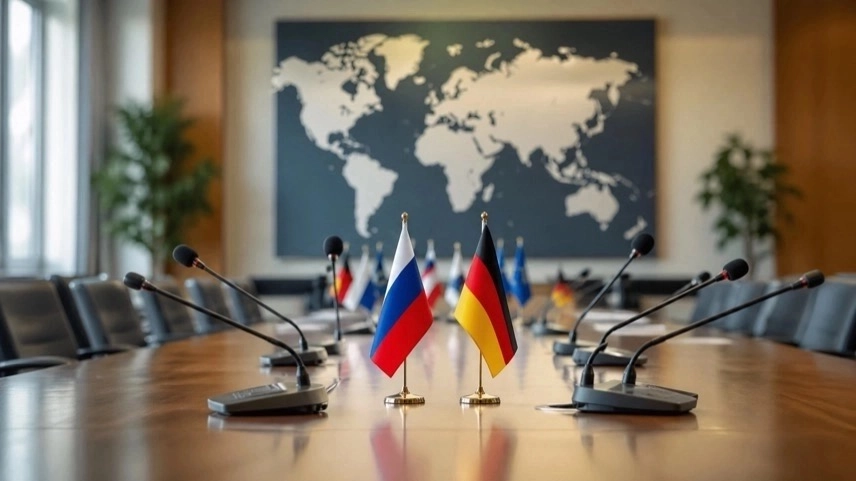 Konferenzraum mit Mikrofonen und Weltkarte im Hintergrund, Symbol für diplomatische Spannungen Deutschland Russland Ukraine-Krieg