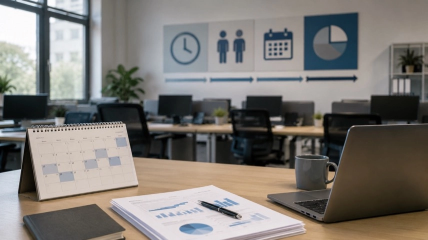 Leere Büroarbeitsplätze mit Kalender und Arbeitszeitübersicht als Symbol für Teilzeitquote, Arbeitsmarkt und Fachkräftemangel