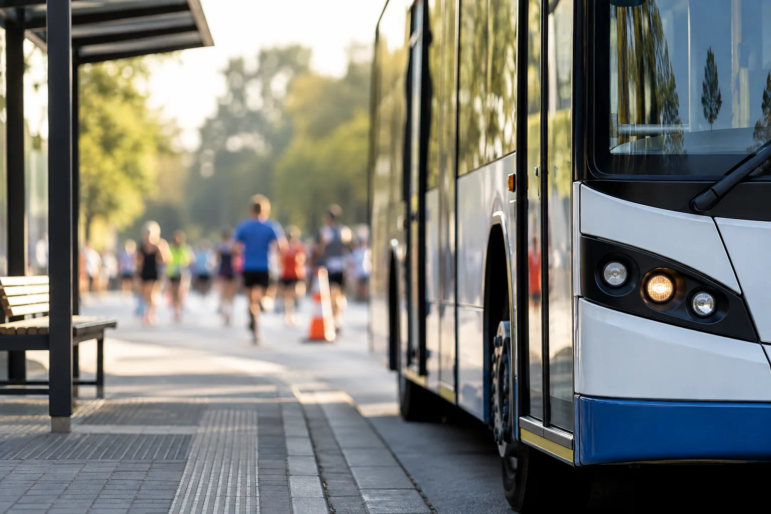 Stadtbus an einer Haltestelle, im Hintergrund Läufer auf einem abgesperrten Weg.