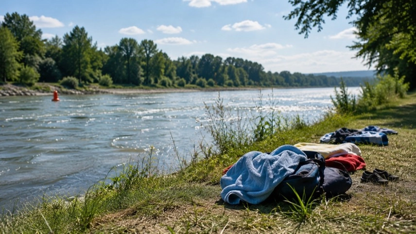 Warnschild am Rheinufer neben Badetaschen und Handtüchern, Fluss mit sichtbarer Strömung an einem Sommertag