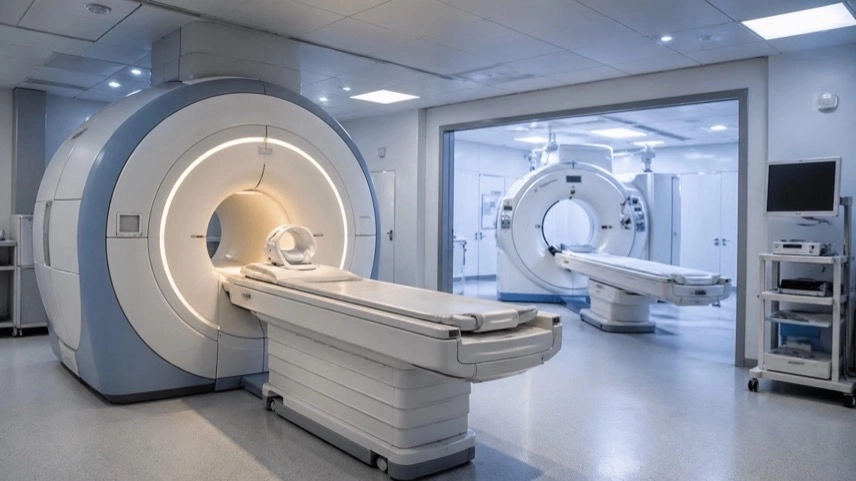 Moderner MRT- und CT-Raum mit medizinischen Geräten in einem Diagnostikzentrum für radiologische Untersuchungen in Dresden