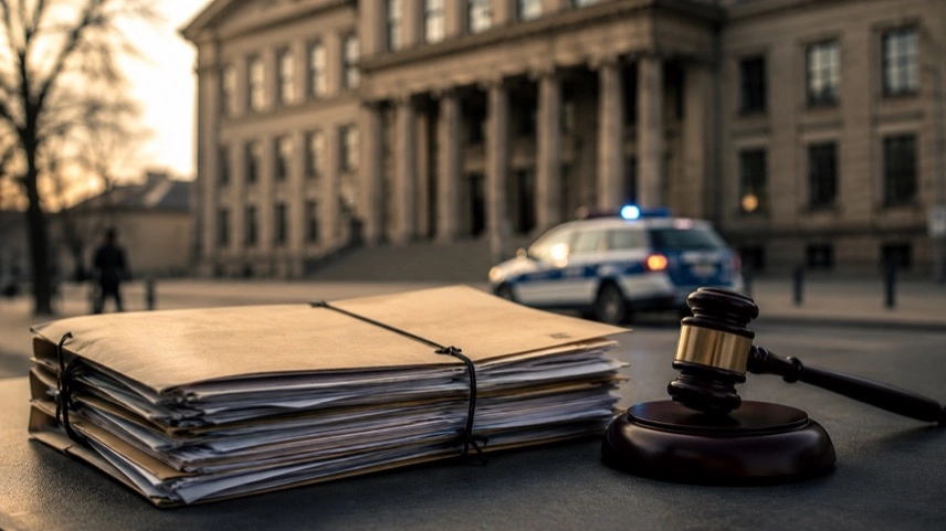 Justizgebäude mit Polizei im Hintergrund und Akte als Symbol für Strafverfahren, Vorstrafen und Gerichtsurteil