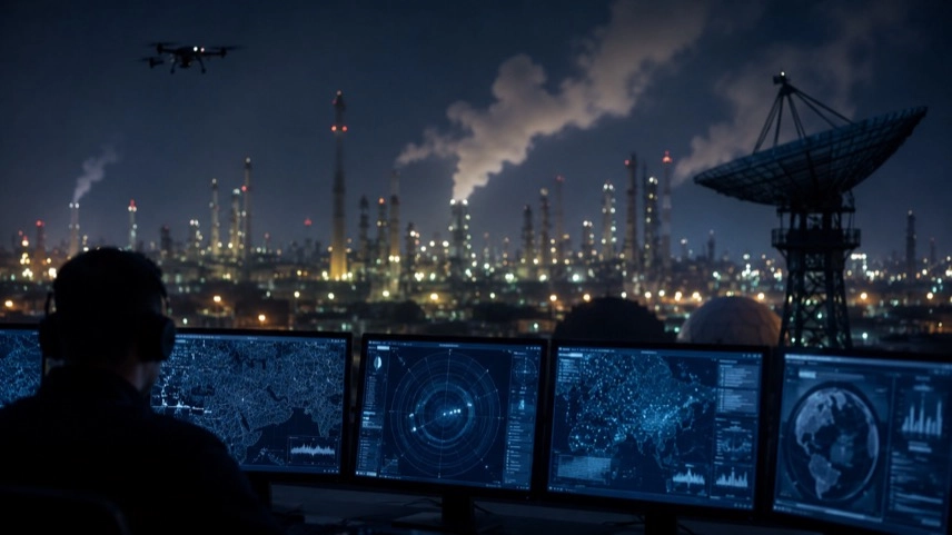 Nächtliche Stadtsilhouette mit Industrieanlagen und Überwachungssystemen als Symbol für Drohnenangriffe und Infrastruktur