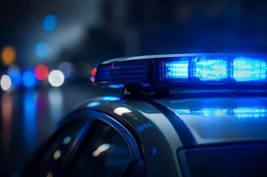 Generisches Polizeifahrzeug vor neutralem Logistikzentrum als Motiv zu Wildberries und Onlinehandel