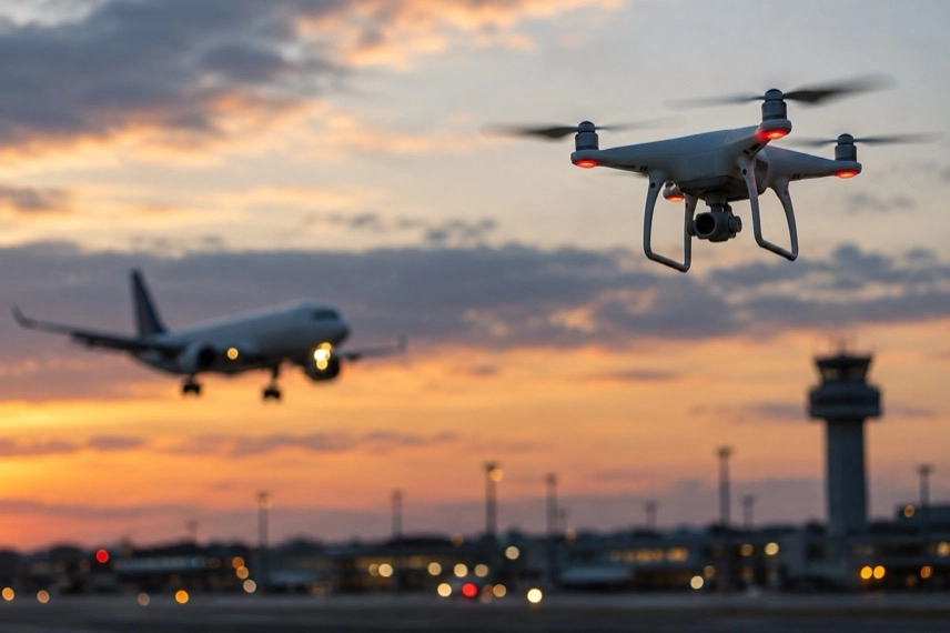 Passagierflugzeug über einem generischen Flughafen, während eine Drohne im freien Luftraum zu sehen ist.