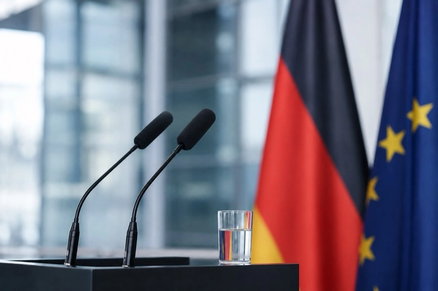 Drohne vor der unscharfen Silhouette eines Frachtflugzeugs auf einem neutralen Flughafenareal